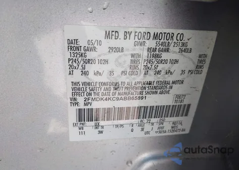 2010 Ford Edge Limited z USA, uszkodzony, nr VIN 2FMDK4KC9ABB65891